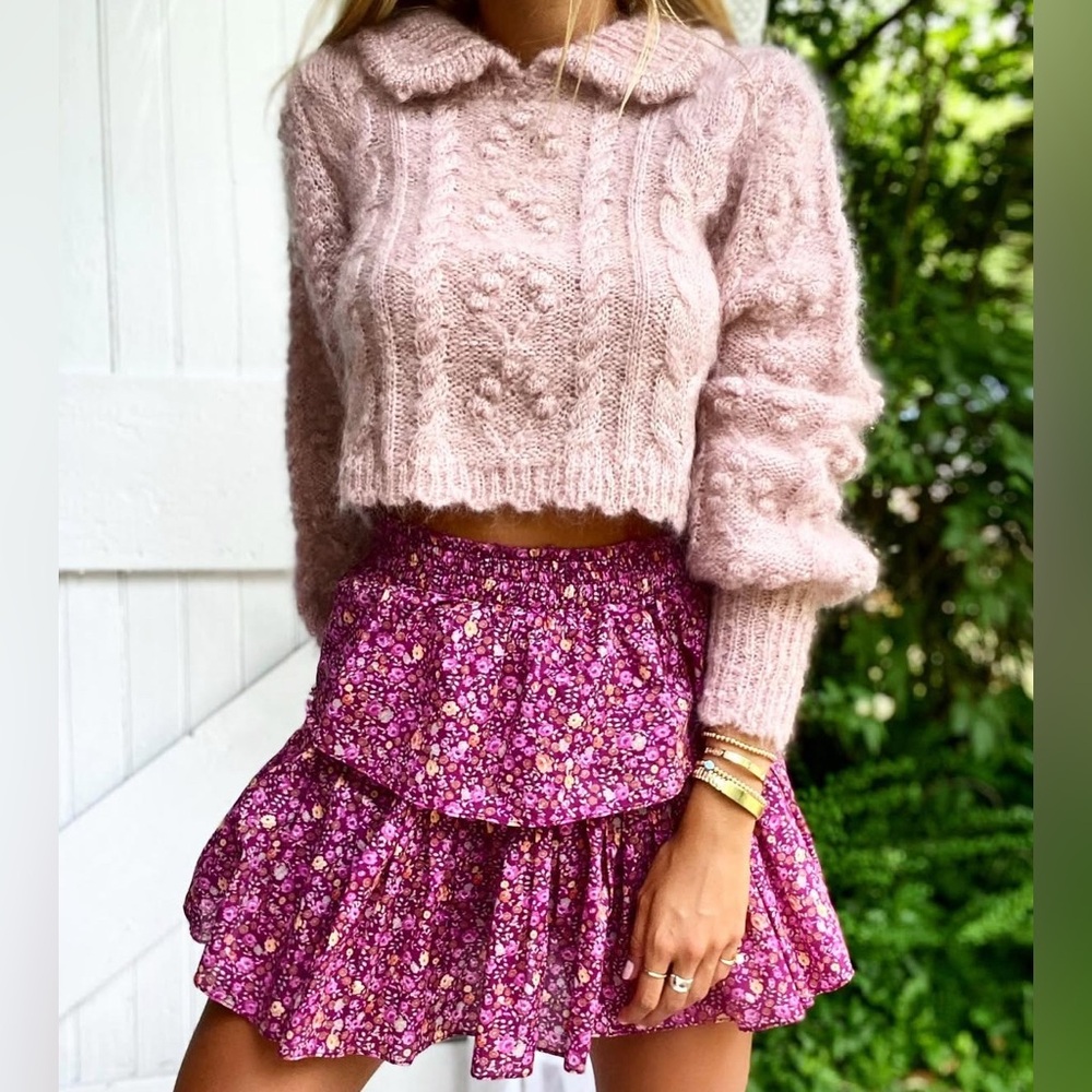LoveShackFancy Autumn Fall Ruffle Mini Skirt Burgundy Pink Floral NWT